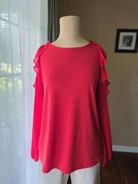Halogen Red Ruffle Cold Shoulder Top Small Blouse Long Sleeve Career Casual Chic